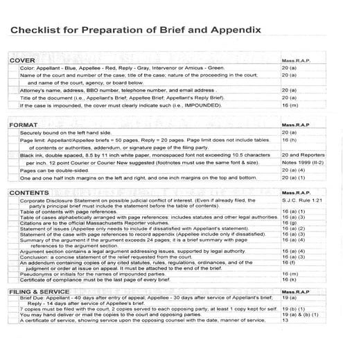 Mass court of appeals briefs #39 checklist PDF