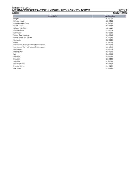 Massey Ferguson MF 1250 COMPACT TRACTOR (- E50101, HST  NON HST) Parts Catalo...