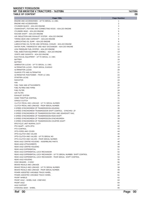 Massey ferguson mf 158 mkiii  158 v tractors parts catalogue manual
