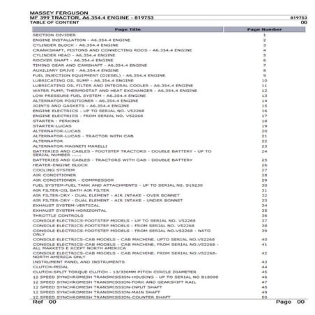Massey ferguson mf 399 tractor, a6.354.4 engine parts catalogue manual