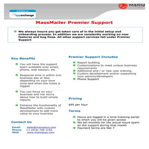 MassMailer Premier Support datasheet
