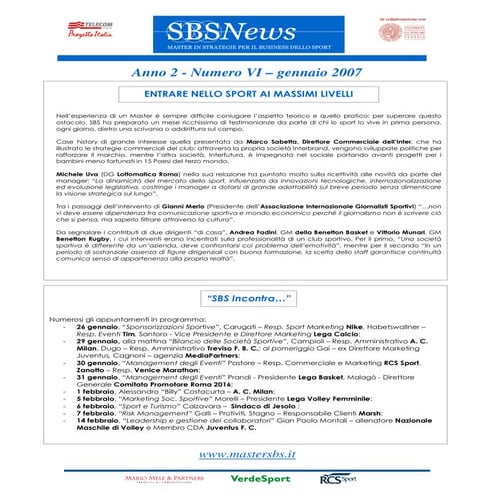 Master in Strategie per il Business dello Sport - newsletter Gennaio2007