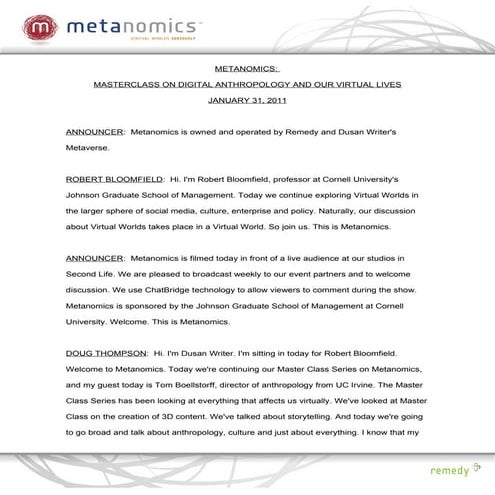 Masterclass on digital anthropology and our virtual lives