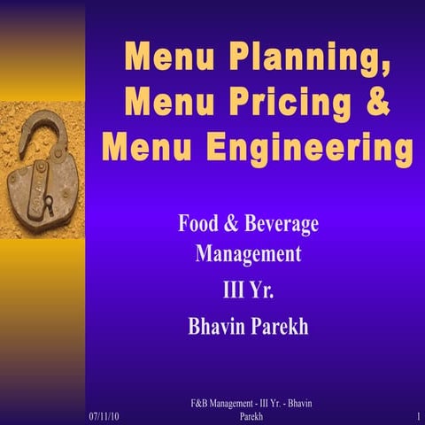 Menu Planning, Costing, Engineering