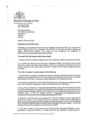 Masters Degree Acceptance, Royal College of Art