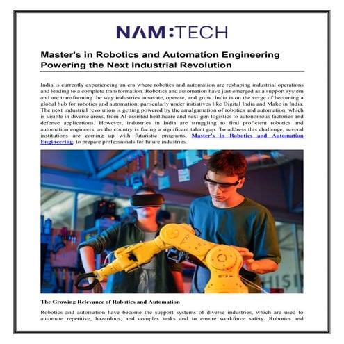 Master's in Robotics and Automation Engineering Powering the Next Industrial ...