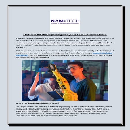 Master’s in Robotics Engineering Train you to be an Automation Expert | PDF