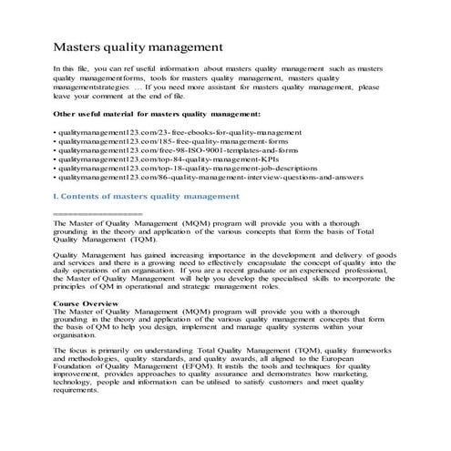 Masters quality management