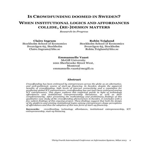IS CROWDFUNDING DOOMED IN SWEDEN? WHEN INSTITUTIONAL LOGICS AND AFFORDANCES C...