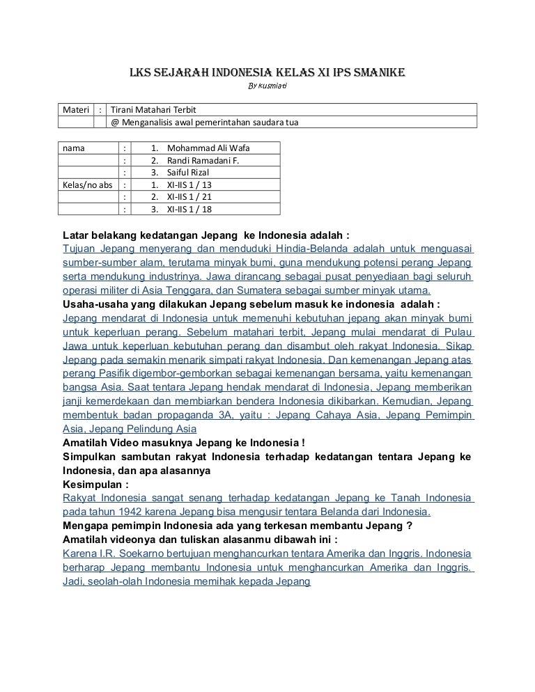 Masuknya Jepang Lks Sejarah Indonesia Kelas Xi Iis 1 Sman 1 Kejayan