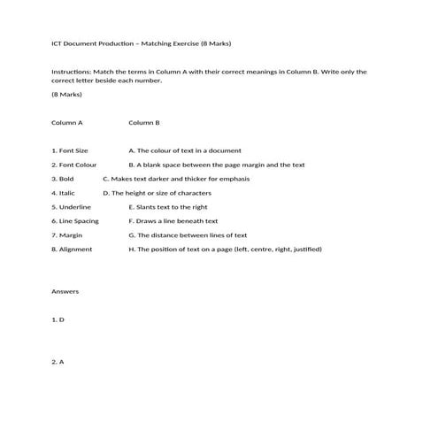 Understanding Key ICT Document Production Terms: A Matching Exercise | DOCX