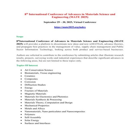 8thInternational Conference of Advances in Materials Science and Engineering (MATE 2025)