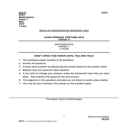 Mathematics  year 5  paper 1 penggal 1