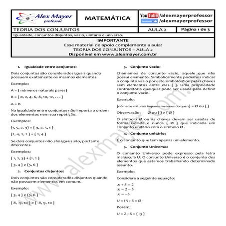 MATEMÁTICA - TEORIA DOS CONJUNTOS - AULA 2