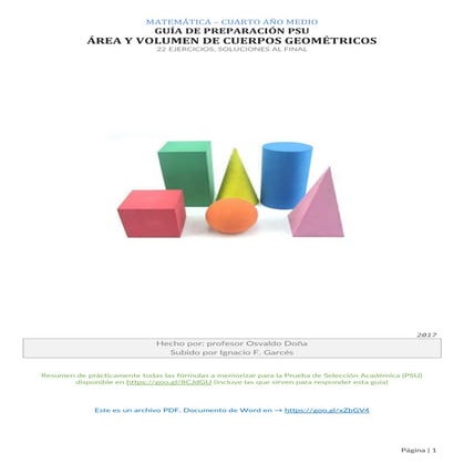 Matemática4° medio - Guía de preparación PSU: área y volumen en cuerpos geomé...