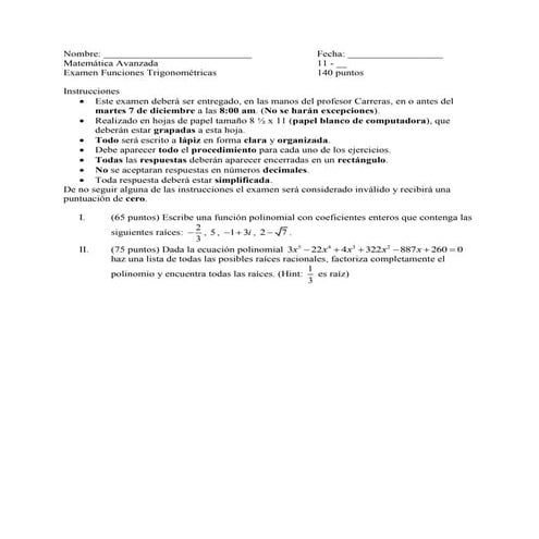 Matemática Avanzada - Examen Teorema Fundamental del Álgebra
