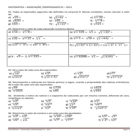 Matemática – radiciação propriedades 01 – 2013