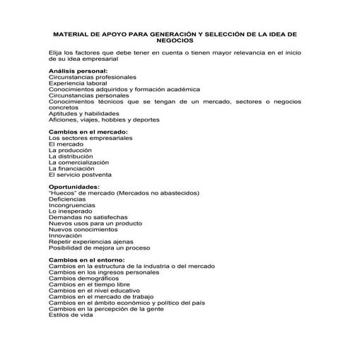 Material de apoyo para generación y selección de la idea de negocios