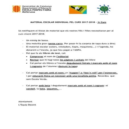 Material escolar pel curs 2017 18