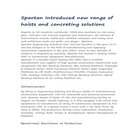 Spartan Introduced new range of hoists and concreting solutions