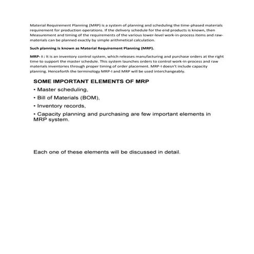 Material requirement planning