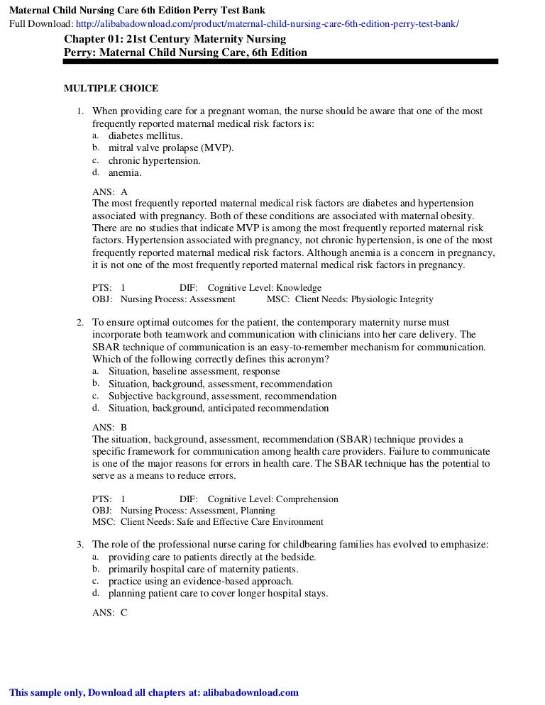 Maternal Child Nursing Care 6th Edition Perry Test Bank