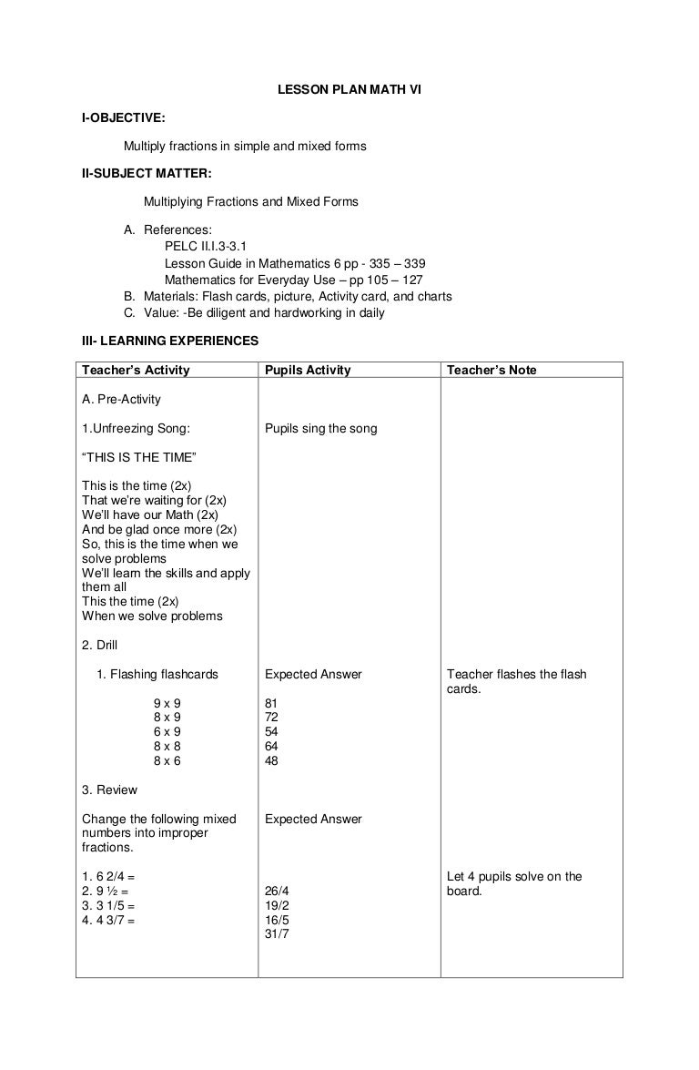 Worksheet Math 6 detailed lesson plan math 6