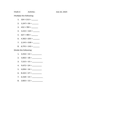 Math 6 Activity for grade six students oh