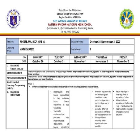 Mathematics 8 Lesson Plan Quarter 1 week 2