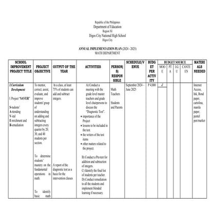 Math Annual implementation plan on year 2023