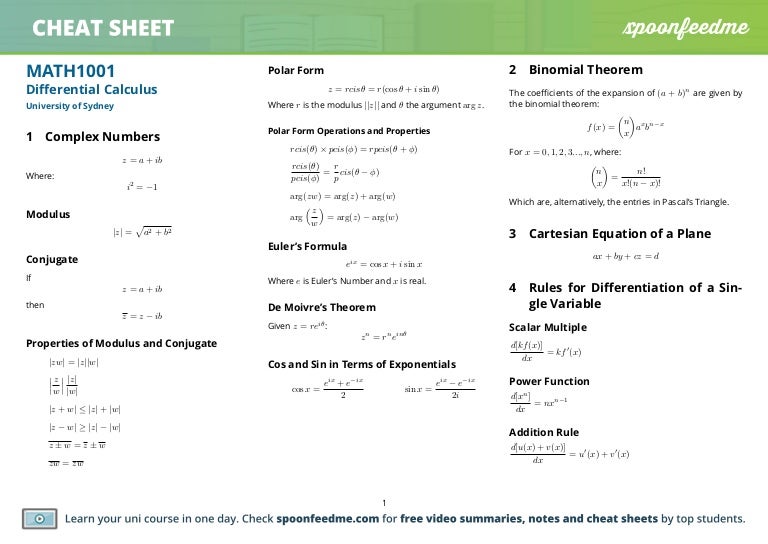 MATH1001 Past Paper Summary University of Sydney