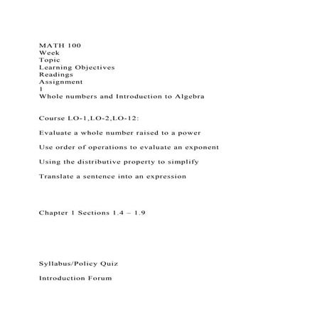 MATH 100WeekTopicLearning ObjectivesReadingsAssignment.docx