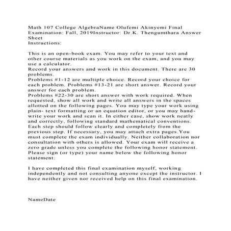 Math 107 Final ExaminationFall, 20142Math 107 College Algebra.docx