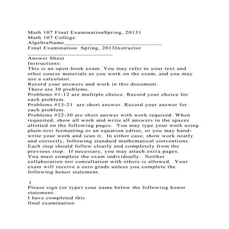 Math 107 Final ExaminationSummer, 20151Math 107 College Algebr.docx