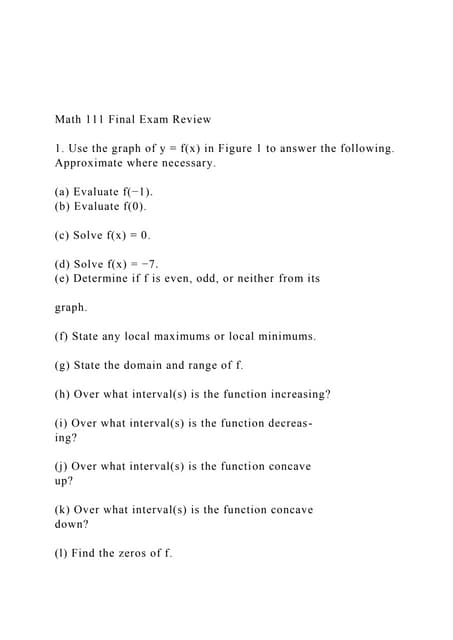 Math 111 Final Exam Review1 Use The Graph Of Y F X In Docx Math 111 Final Exam Review1 Use The Graph Of Y F X In Docx