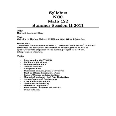 NCC Math 122 Summer Session II Syllabus 2011