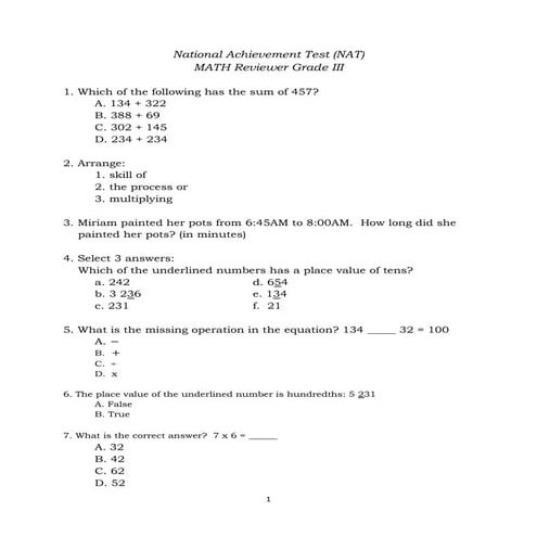 K to 12 Grade 3 MATHEMATICS NAT (National Achievement Test) 