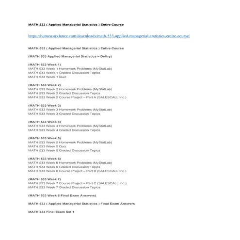 Math 533 ( applied managerial statistics ) entire course