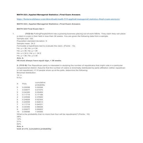 Math 533 ( applied managerial statistics ) final exam answers