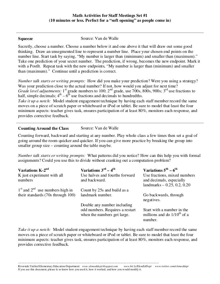 Math Activities For Staff Meetings Set 1