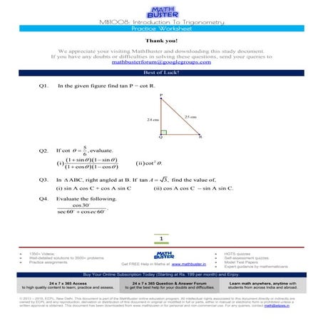 MathBuster Practice Worksheet CBSE Class 10 Chapter 8