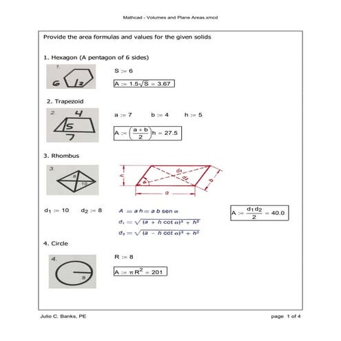 Mathcad   volumes and plane areas