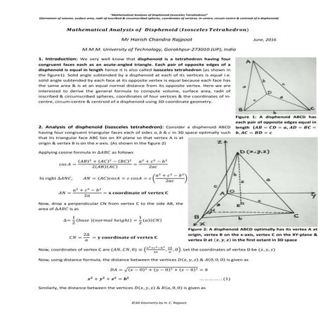 Mathematical analysis of disphenoid (isosceles tetrahedron) (volume ...