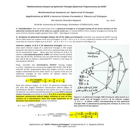 Mathematical Analysis of Spherical Triangle (Spherical Trigonometry by H.C. R...