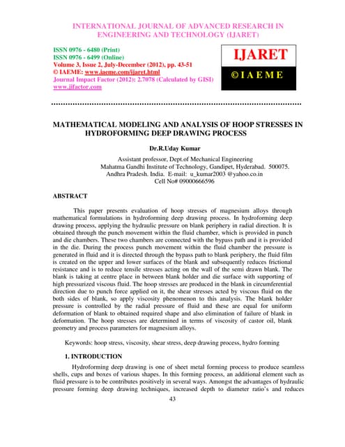 Mathematical modeling and analysis of hoop stresses in hydroforming deep draw...