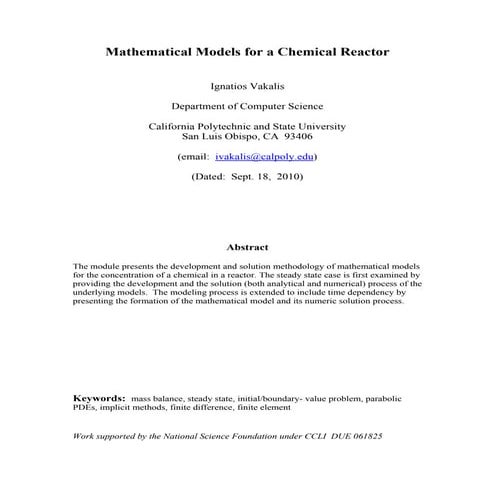 Mathematical models for a chemical reactor