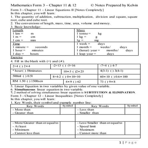 Mathematics Form 1-Chapter 6-7 Linear Equalities Linear Inequalities KBSM of ...