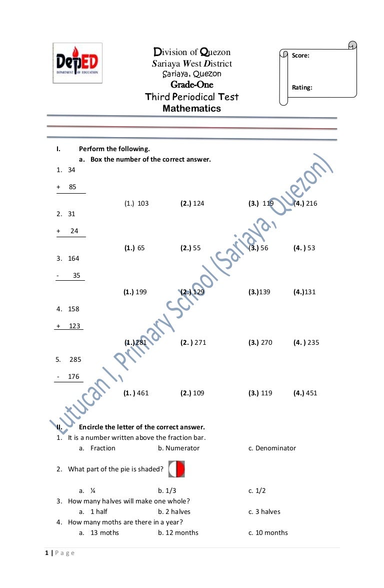 Worksheets Maths Grade 1 Test Paper mathematics 1 3rd