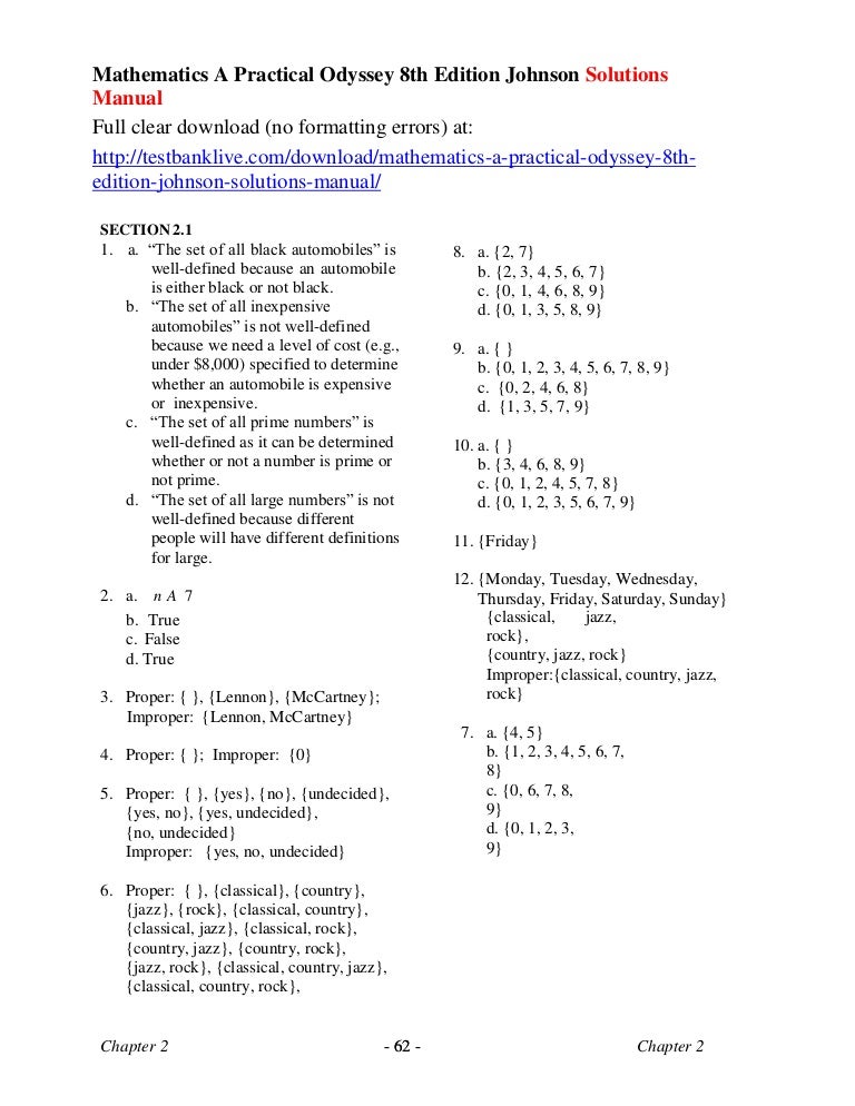 Mathematics A Practical Odyssey 8th Edition Johnson Solutions Manual