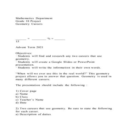 Mathematics DepartmentGrade 10 ProjectGeometry Careers